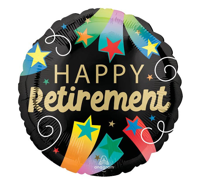 17-inch Anagram Happy Retirement foil balloon, black with stars and “Happy Retirement” text