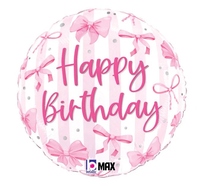Pink Happy Birthday foil balloon with bow and ribbon pattern, round 18 in