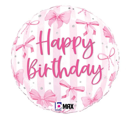 Pink Happy Birthday foil balloon with bow and ribbon pattern, round 18 in