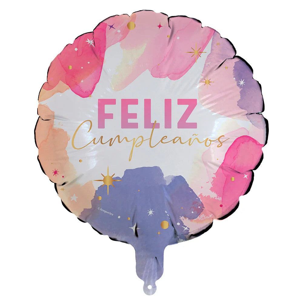 Round foil birthday balloon with Feliz Cumpleaños text and pink-lavender watercolor design