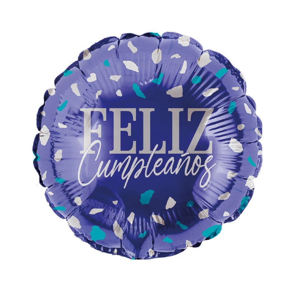 Round foil birthday balloon with confetti and Feliz Cumpleaños text