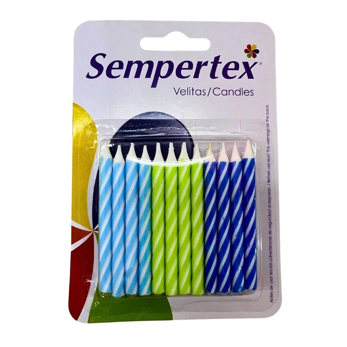 Spiral birthday candles set of 12 in blue and green spiral stripes, packaged in blister