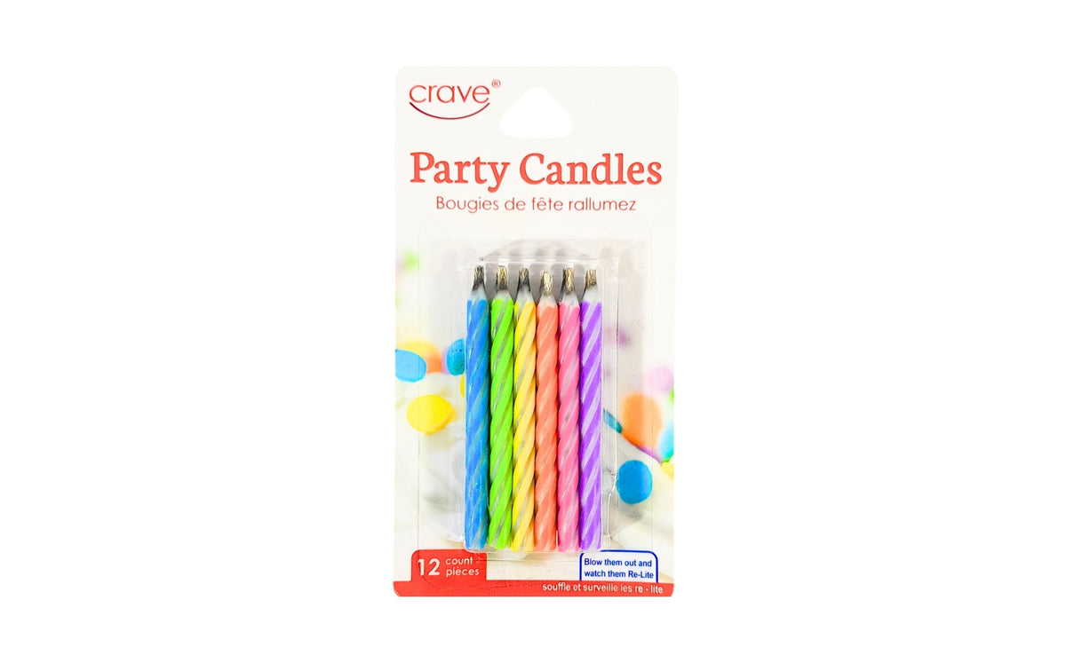 12-pack spiral party candles in multicolor striped design