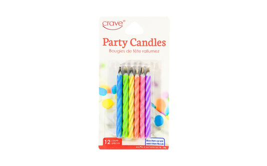 12-pack spiral party candles in multicolor striped design