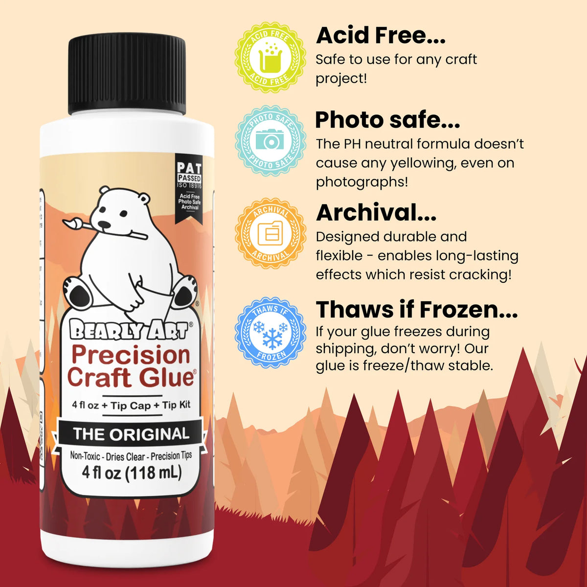 Bearly Art precision craft glue bottle with acid-free and photo-safe claims