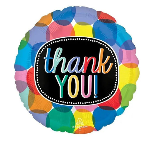 17-inch round foil balloon with multicolor dots; black center reads “Thank You!”