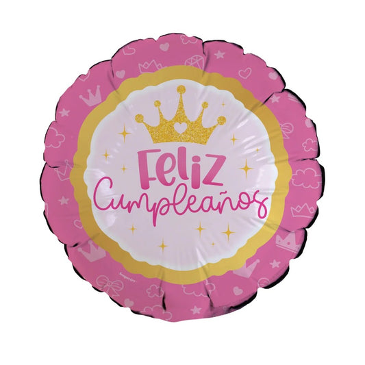 Sempertex Feliz Cumpleaños round pink foil balloon with crown print