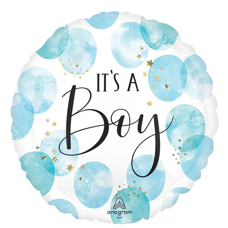 Round foil balloon with "It's A Boy" lettering, blue watercolor dots and gold stars