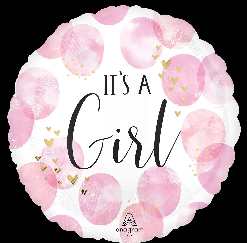 17-inch pink baby girl balloon with watercolor hearts and "It's A Girl" text