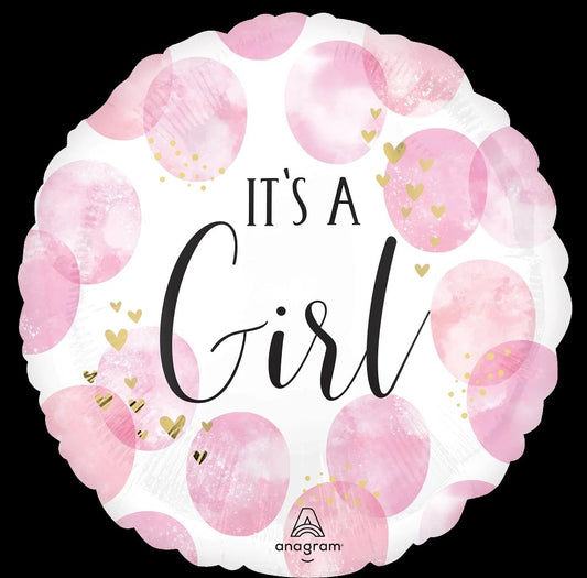 17-inch pink baby girl balloon with watercolor hearts and "It's A Girl" text