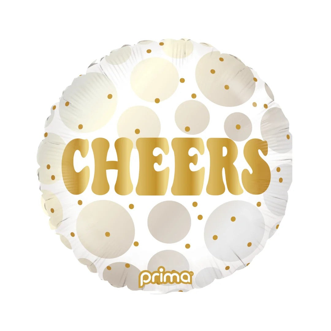 18-inch round foil balloon with 'Cheers' gold text, gold dots; Prima logo