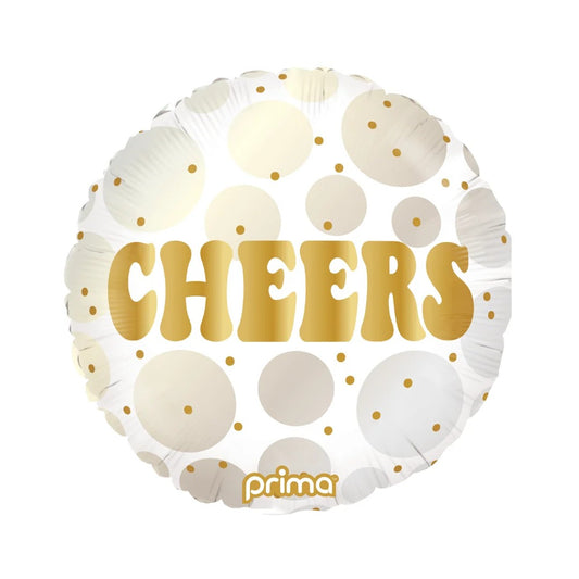18-inch round foil balloon with 'Cheers' gold text, gold dots; Prima logo