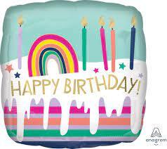Happy Birthday cupcake 45cm square foil balloon with rainbow arches and three candles