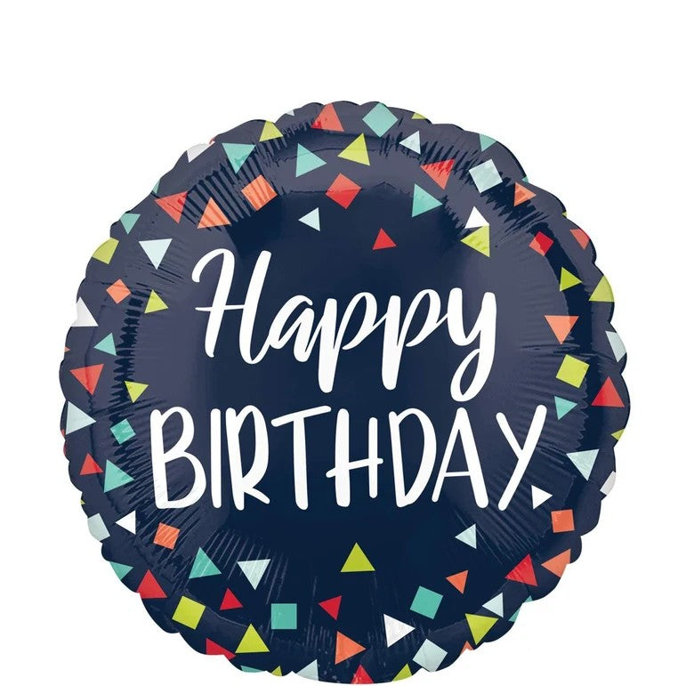 Dark blue foil birthday balloon with 'Happy Birthday' and colorful geometric shapes