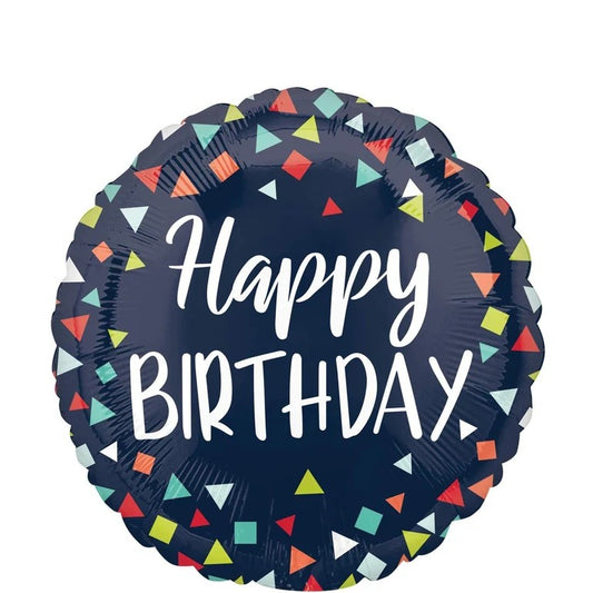 Dark blue foil birthday balloon with 'Happy Birthday' and colorful geometric shapes