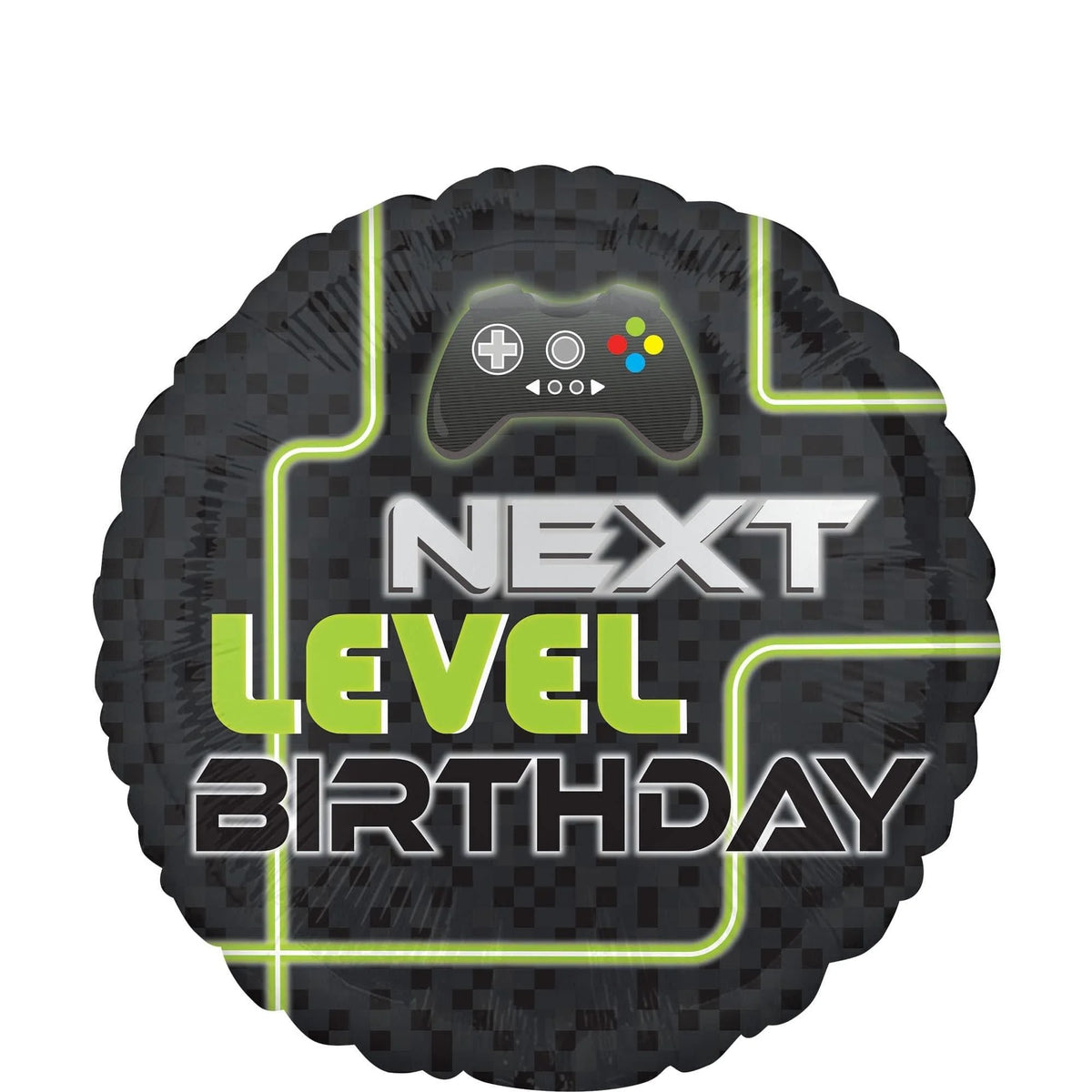 Round black foil balloon with neon green 'Next Level Birthday' game controller graphics