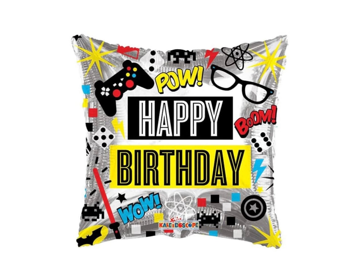 Happy Birthday square foil balloon with comic-style black, yellow, and multicolor graphics