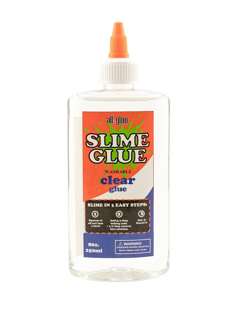 Clear slime glue bottle with orange cap; washable craft glue, 8 oz (250 ml)