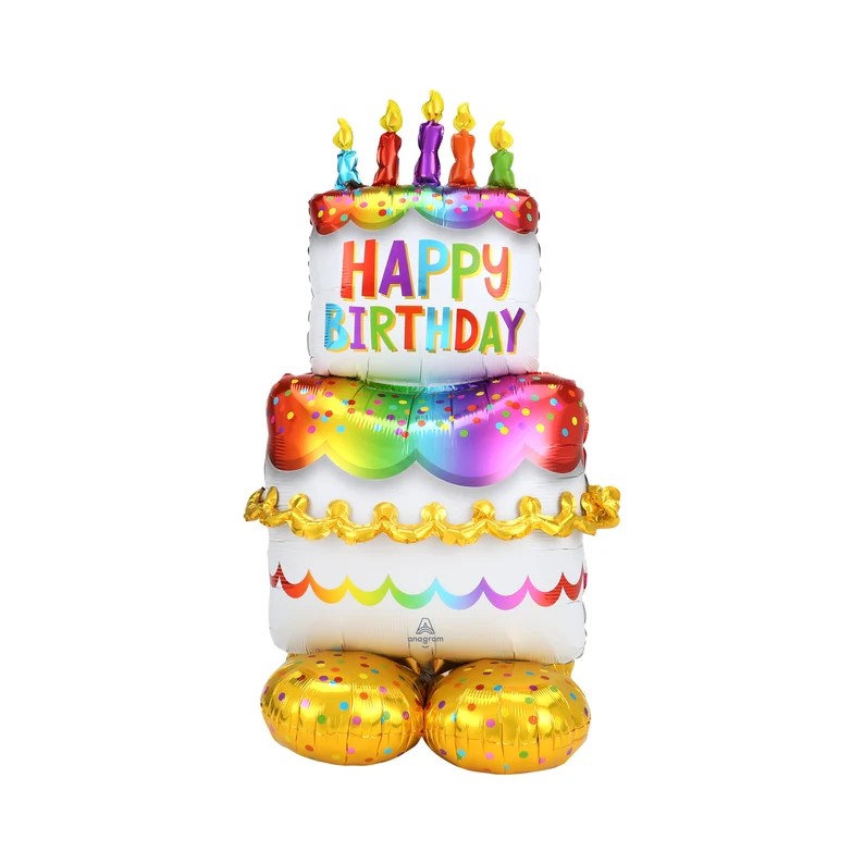 Happy Birthday cake-shaped foil balloon with candles and colorful frosting, standing