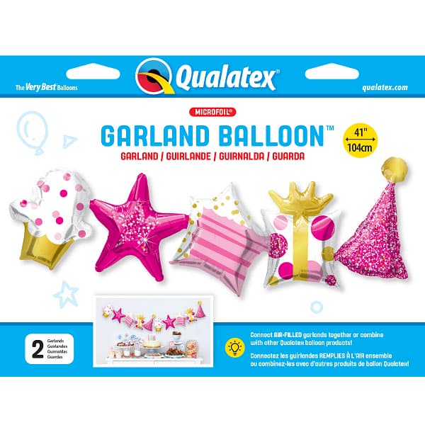Qualatex microfoil garland balloon set with pink and gold star, cone and striped balloons