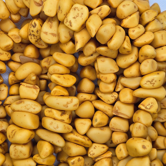 Yellow resin chip beads strand with irregular shapes, speckled surface