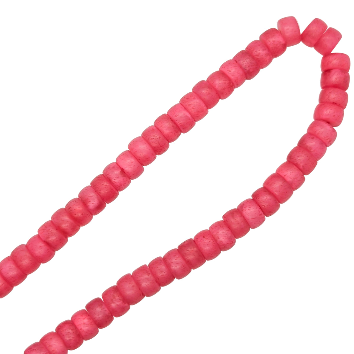 Pink rondelle resin beads strand in a V arrangement, small rounded beads