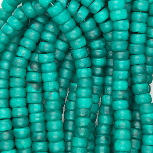 Green rondelle resin beads strand, small rounded cylinder beads with glossy textured finish