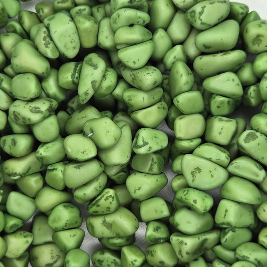 Green resin chip beads strand with irregular shapes, speckled surface