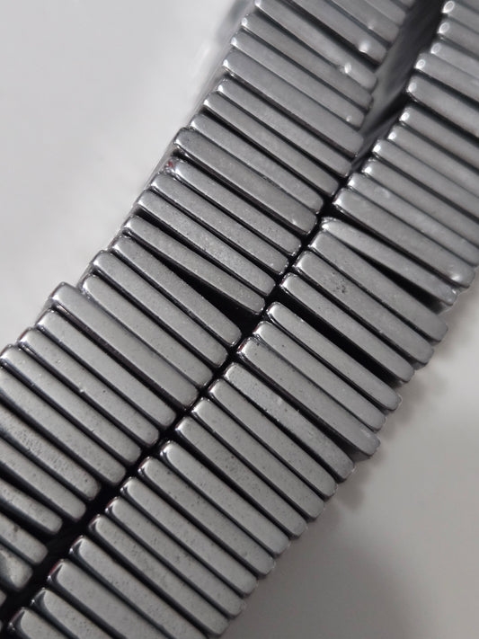 Hematite square link detail with silver bars and dark facets