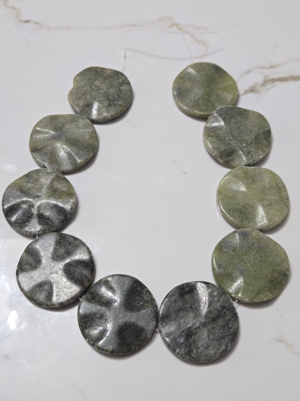 Natural gemstone round discs, 5 cm, gray-green speckled, shiny finish