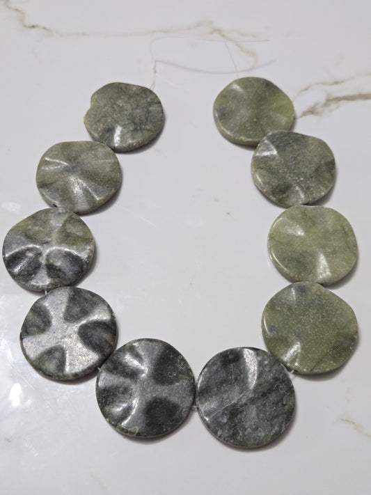 Natural gemstone round discs, 5 cm, gray-green speckled, shiny finish