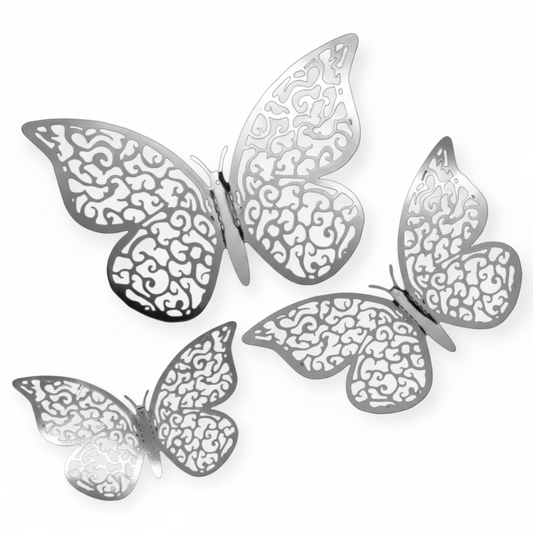 Silver 3D butterfly stickers, set of 6, assorted sizes
