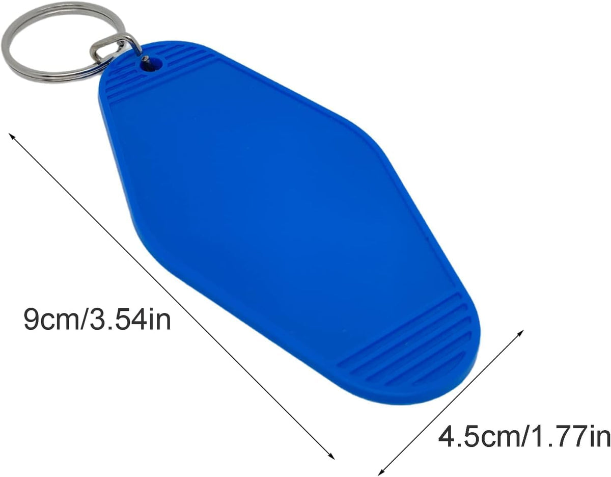 Blue blank hotel keychain tag with metal key ring, size markings shown