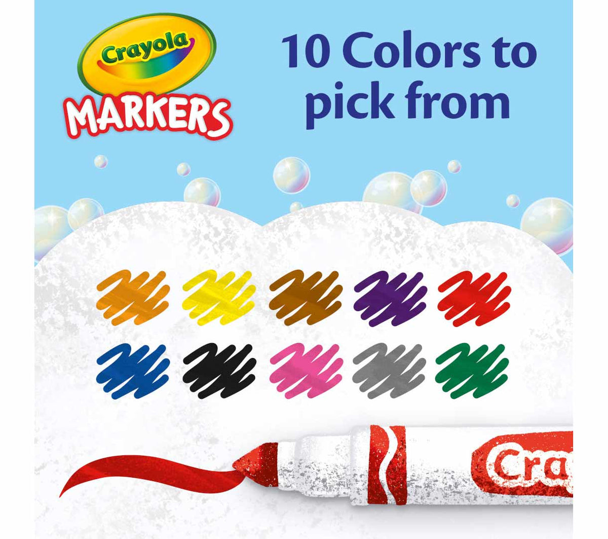 Crayola broad line markers with color swatches and marker tip illustration on packaging