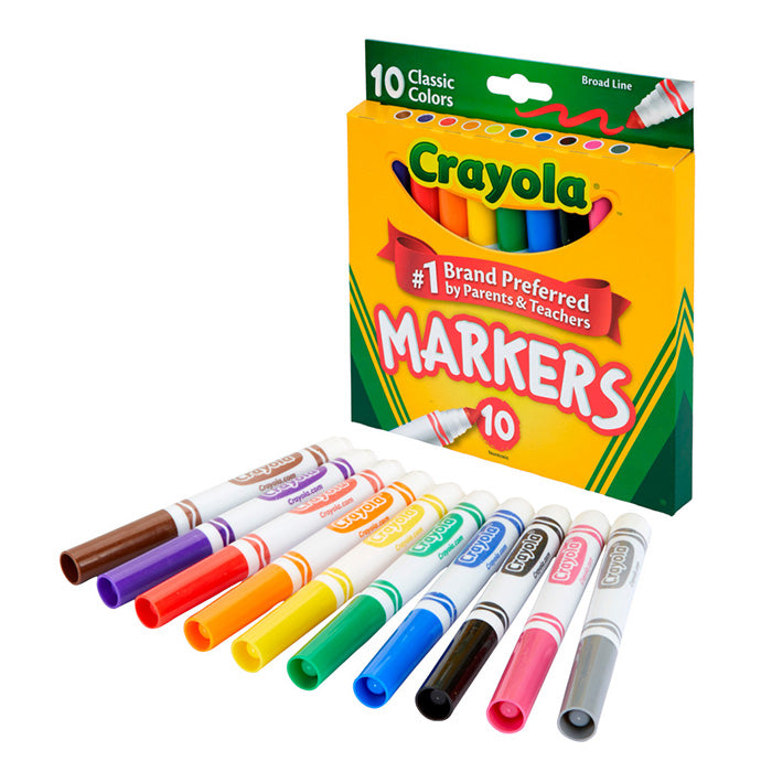 Crayola broad line marker set with 10 colorful markers laid out beside the box