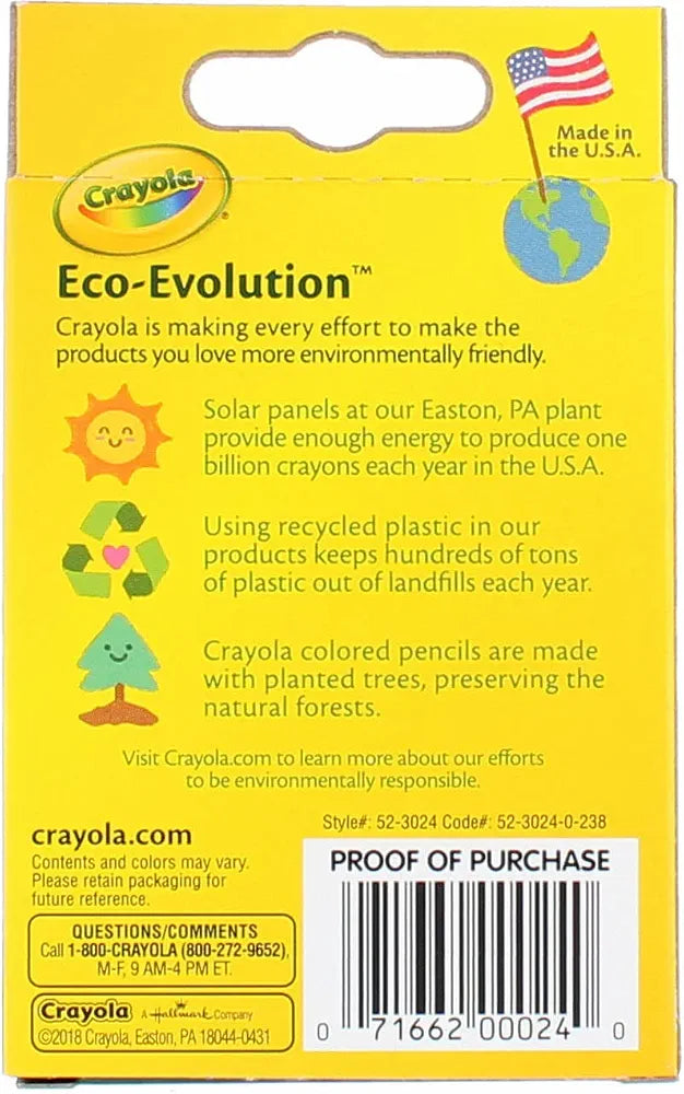 Crayola Eco-Evolution crayon box back panel with sustainability text and barcode