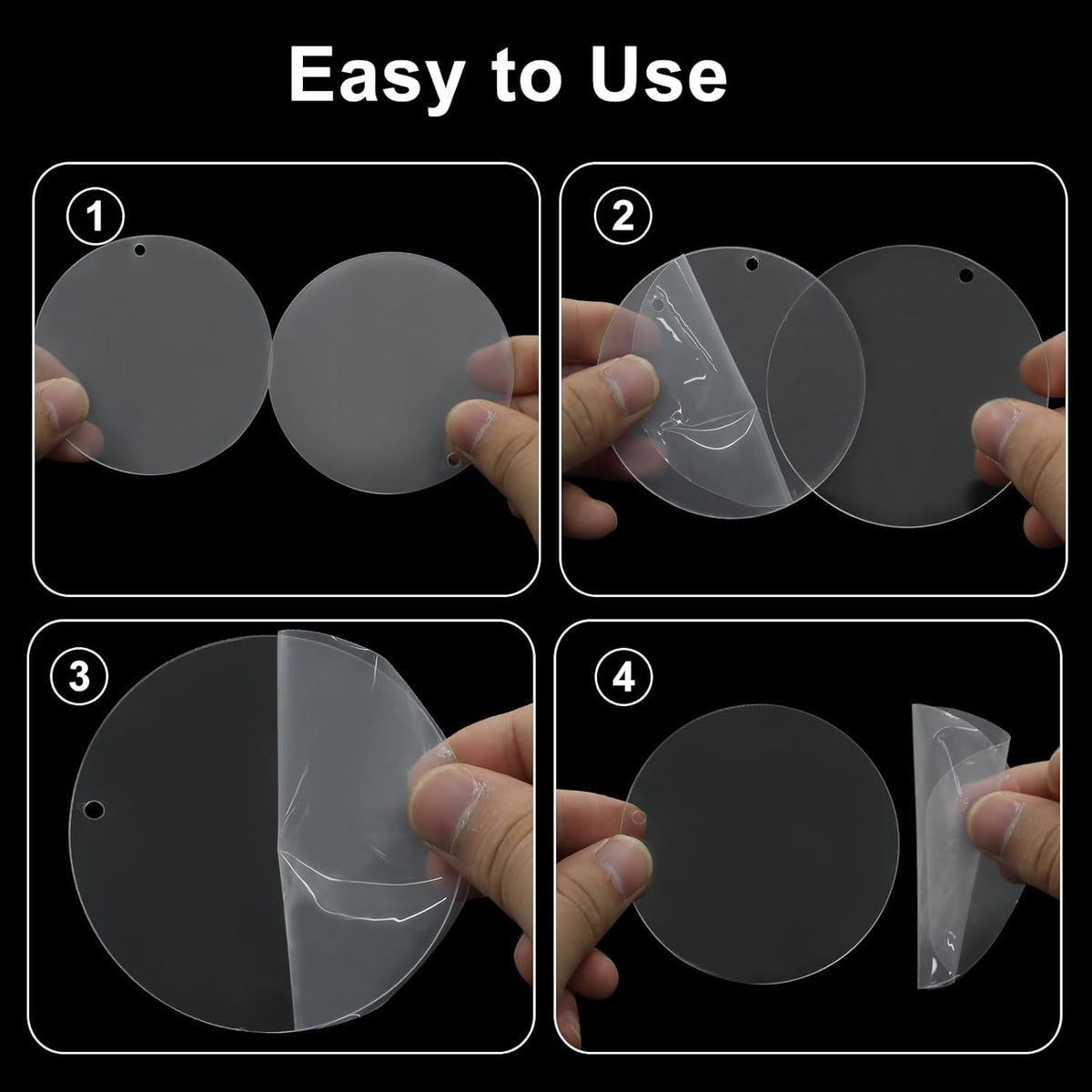Set of clear acrylic circle blanks with hole, shown in-hand during DIY steps