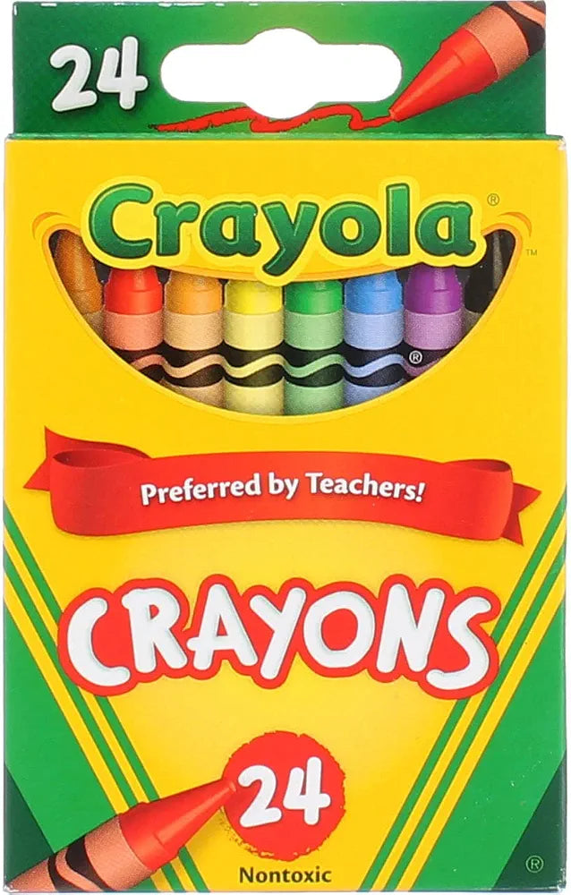 Crayola 24-count crayon box with assorted colored crayons inside