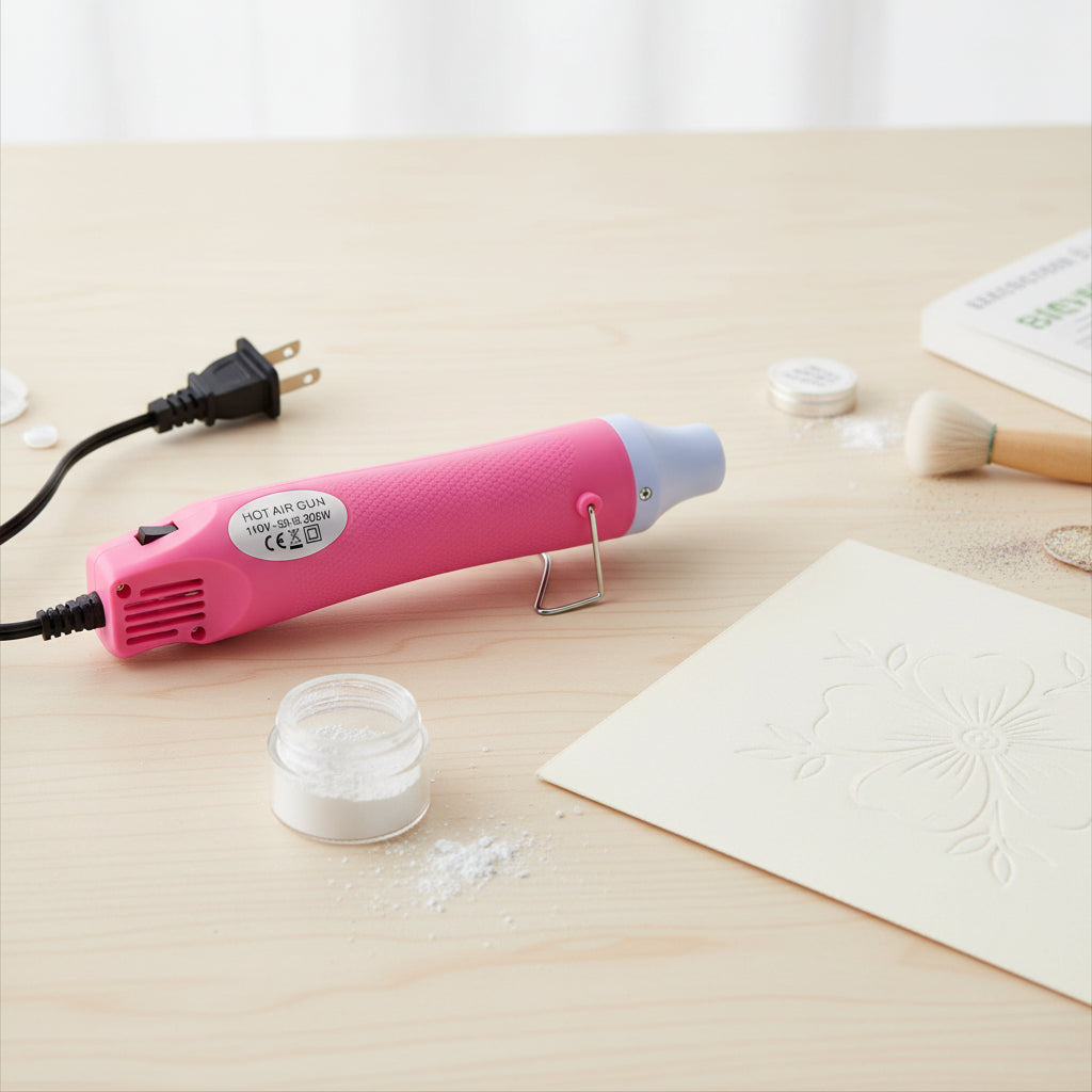 Pink hot air craft heat gun with cord, nozzle facing right