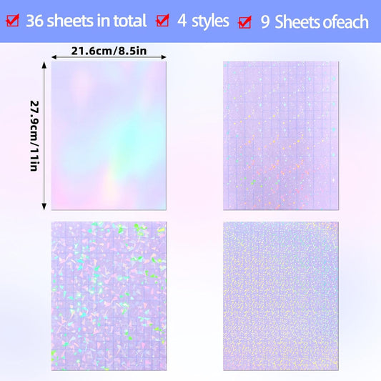 Holographic transparent sticker paper sheets with iridescent speckle patterns, 8.5x11 in