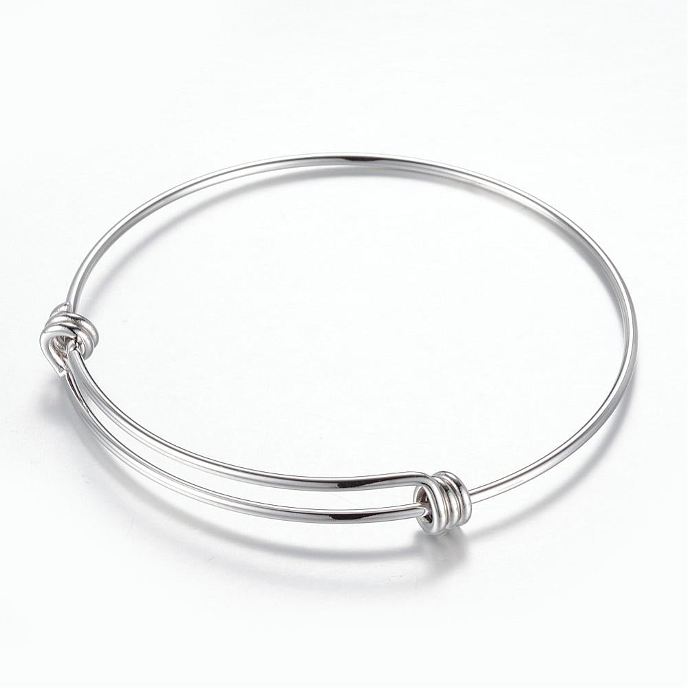 Adjustable stainless steel bangle blank, silver tone, with knot clasp detail