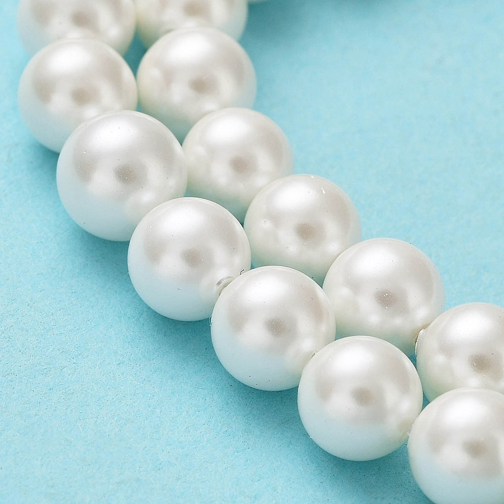 Cream-white round pearl beads strand, smooth spherical beads