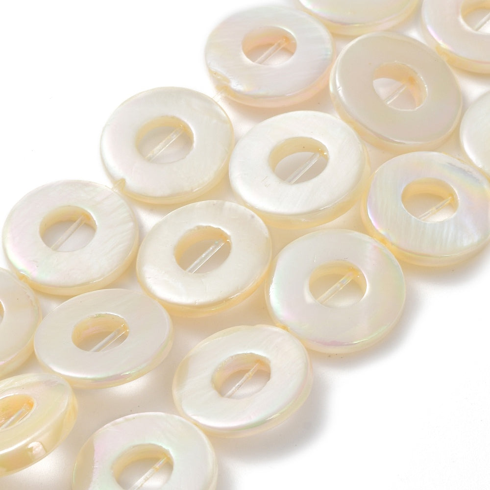 Donut freshwater shell beads strand, pale pearl white with subtle iridescent accents