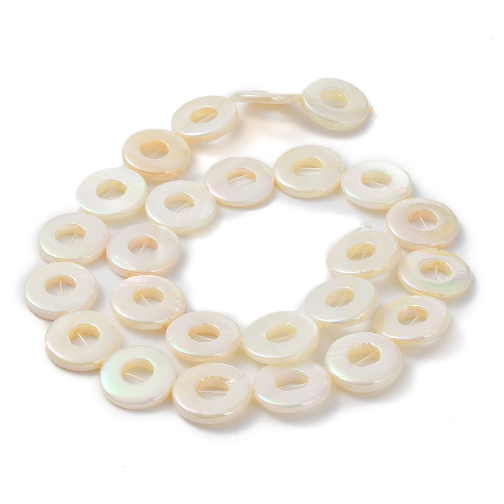 Donut freshwater shell beads, pearl white circular strand with soft AB iridescence