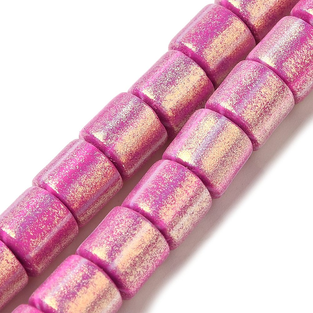 Magenta glitter polymer clay tube beads in a stacked strand, 6.5x7mm