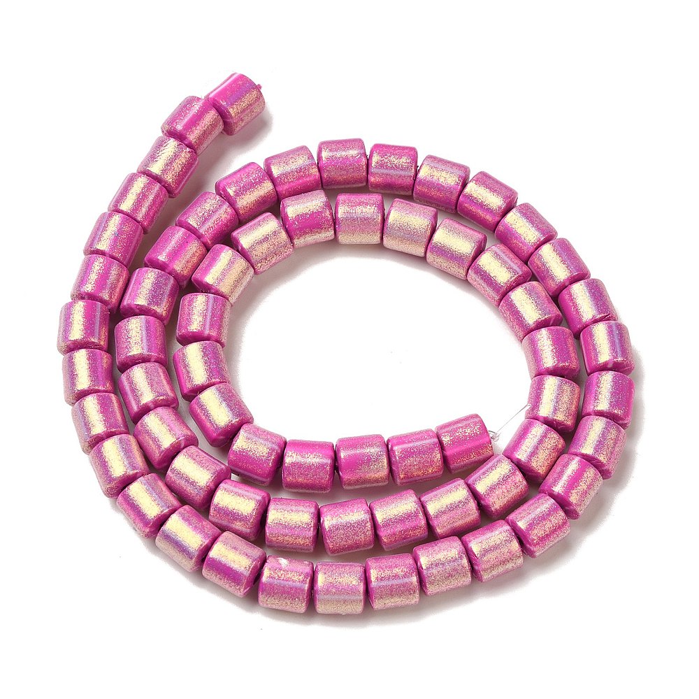 Magenta glitter polymer clay tube beads strand, coiled circle shape