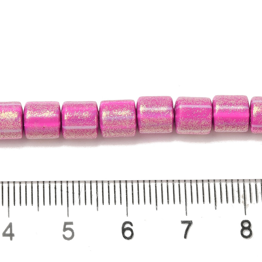 Magenta glitter polymer clay bead strand, cylindrical tube beads, 6.5x7mm