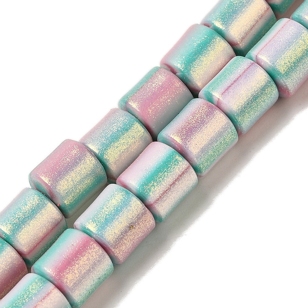Glitter polymer clay barrel beads strand, turquoise and pink iridescent finish