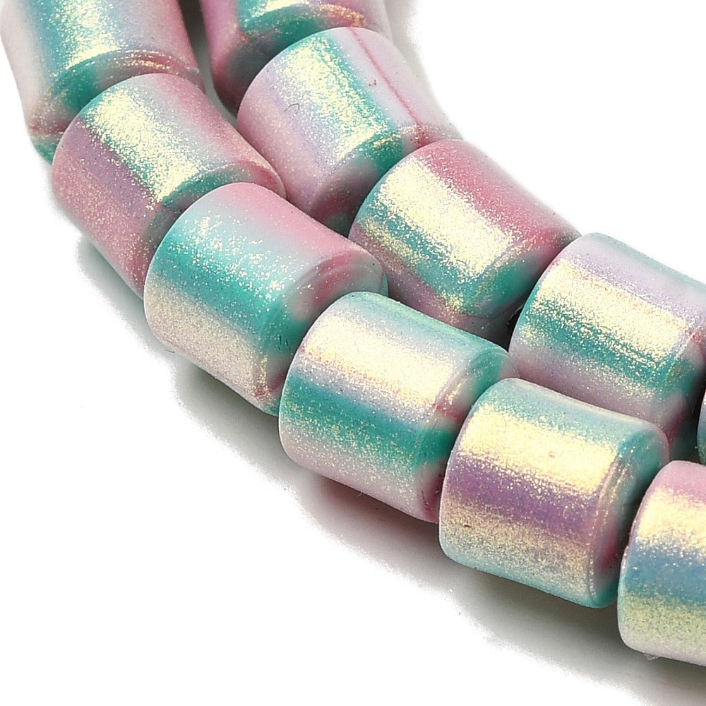 Glitter polymer clay barrel beads, turquoise and pink iridescent glitter surface
