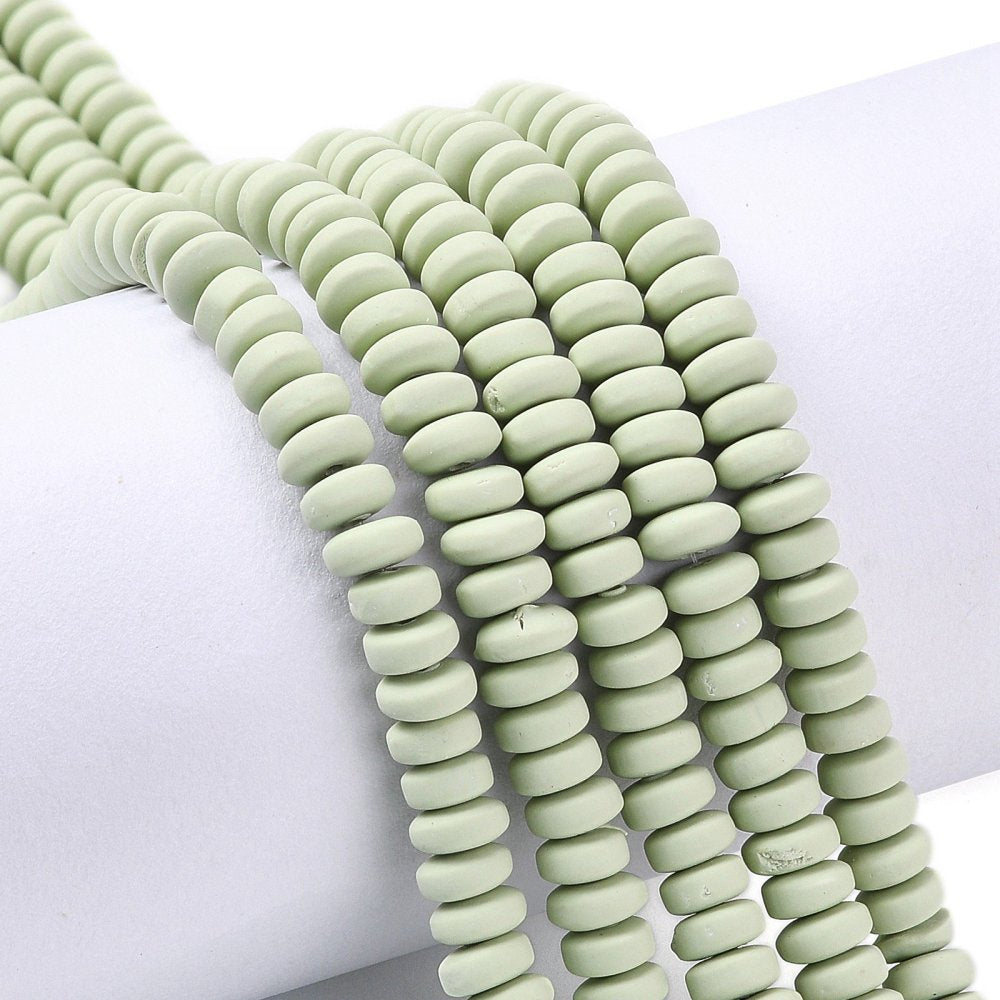 Pale green flat round polymer clay beads strand of ridged heishi discs